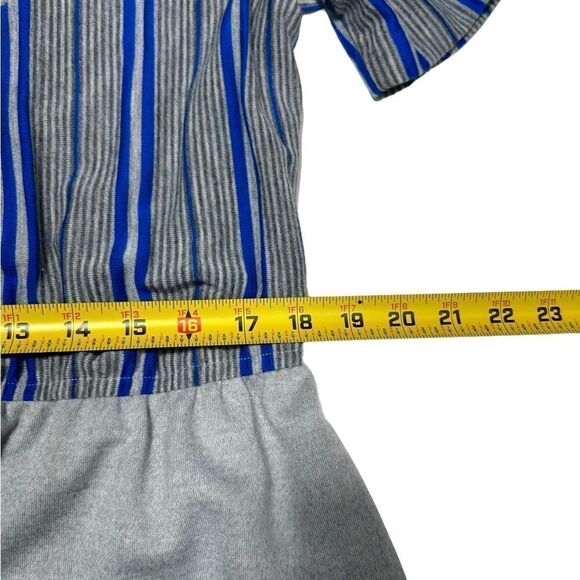 Vintage Leslie Fay Blue Gray Striped Short Sleeve Midi Dress Blouson Stretch - Picture 13 of 14